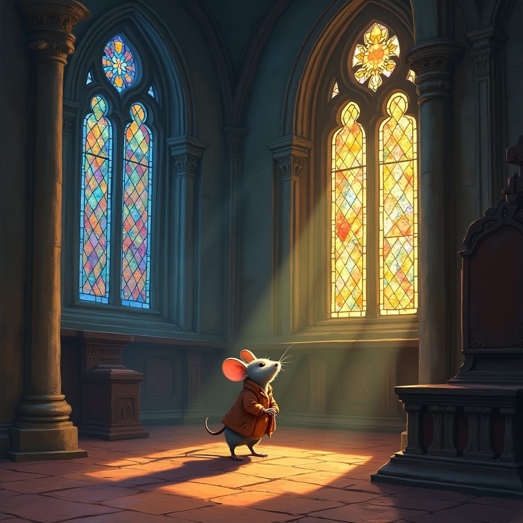 Mouse Dusting Stained Glass in Miyazaki-esque Church