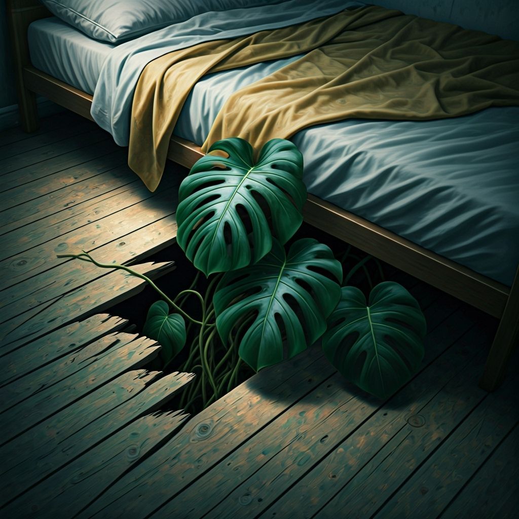 Monstera Plant Emerges from Under Bed