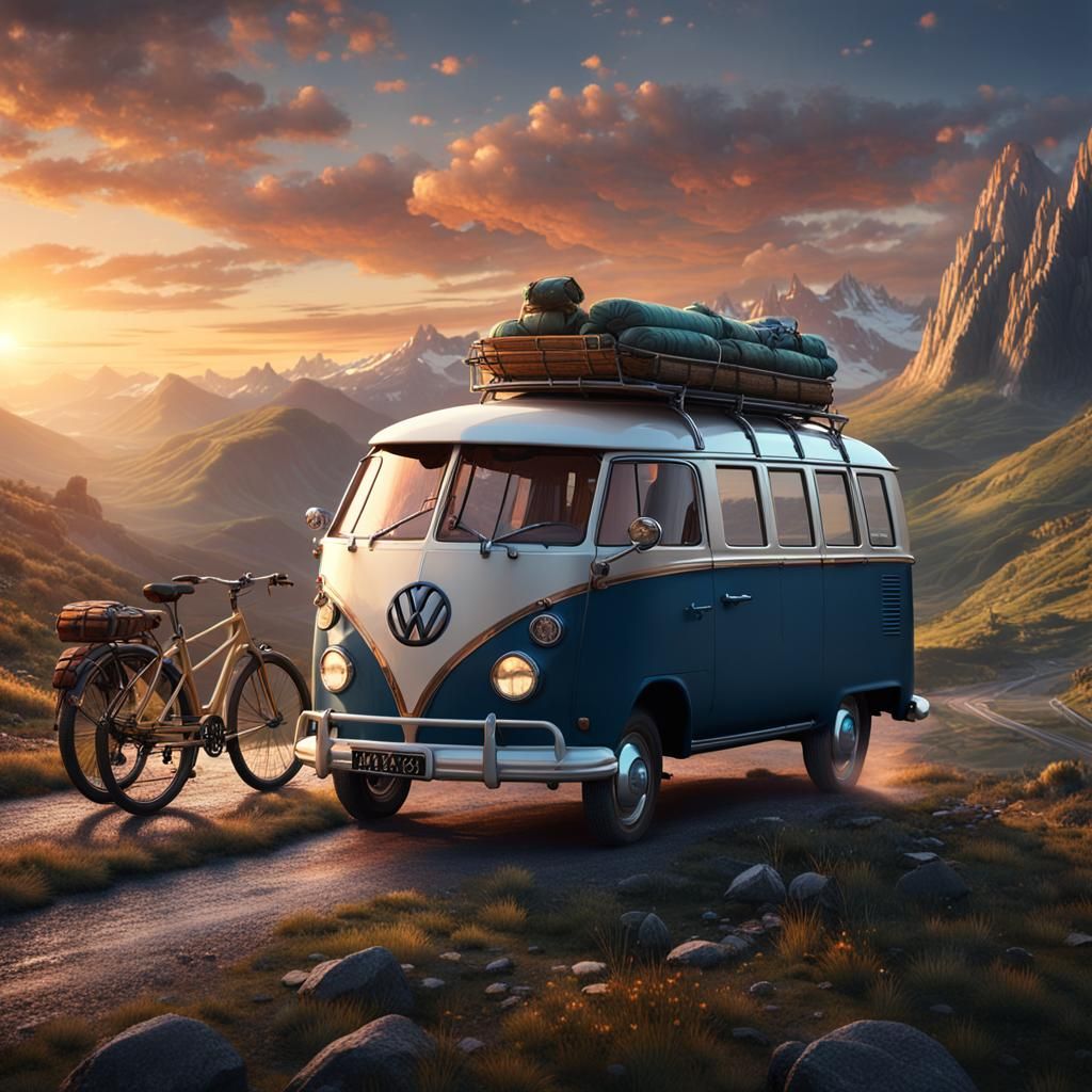 Volkswagen Van on Mountain Road at Sunset