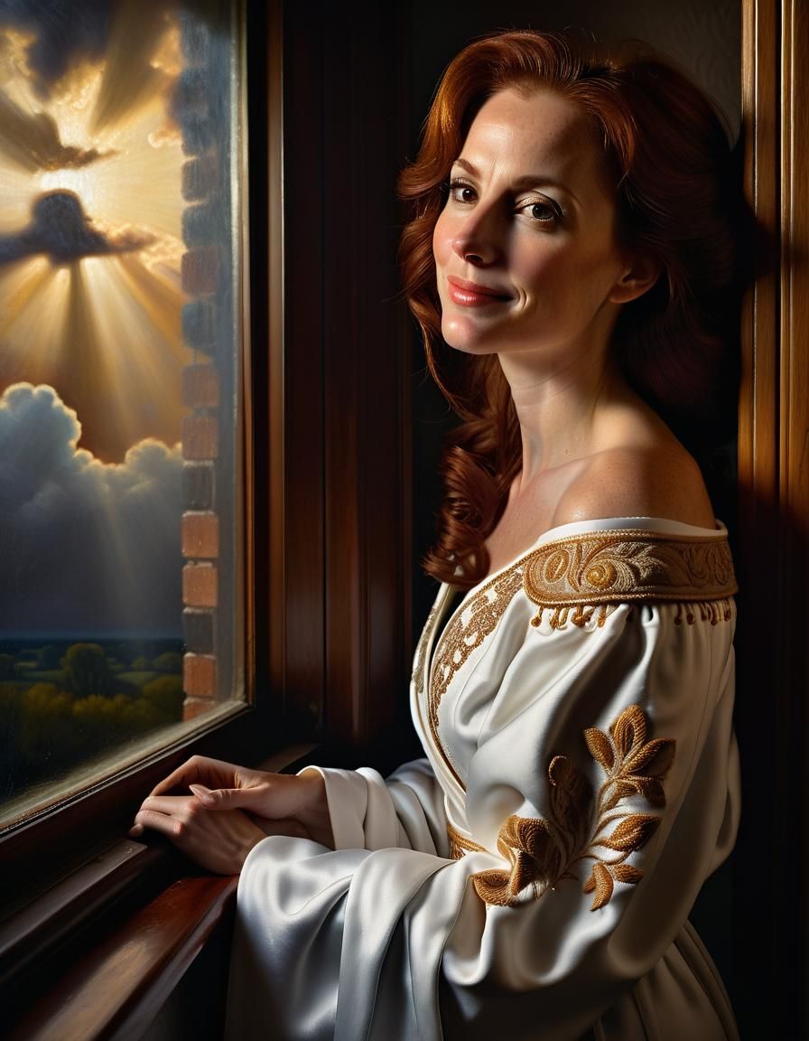 Auburn-Haired Woman in Baroque Oil Painting Style