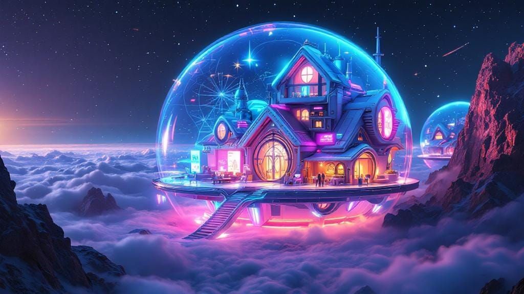 Cyberpunk Home Inside Soap Bubble Floating in Space