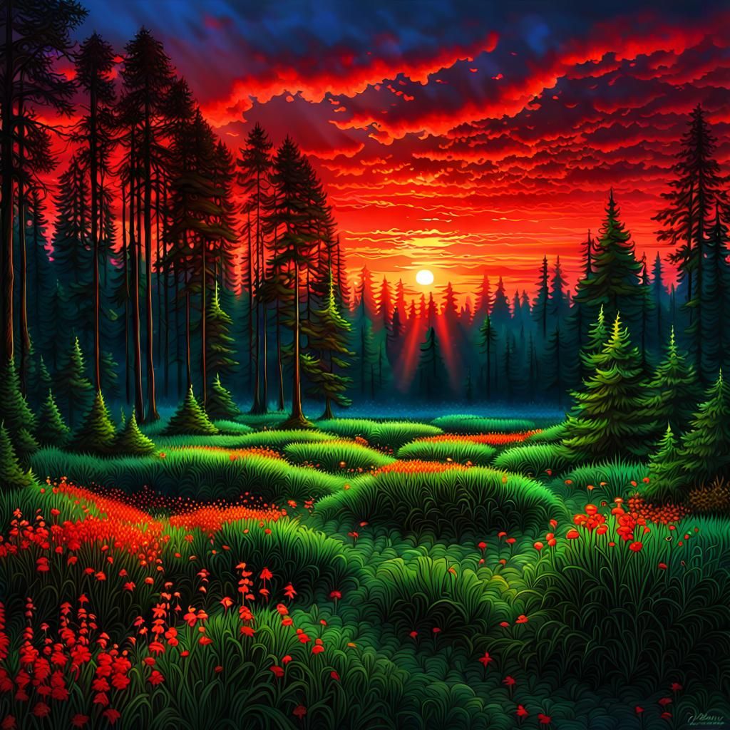 Scarlet Sunset with Bioluminescent Glow, Hyperrealistic HDR