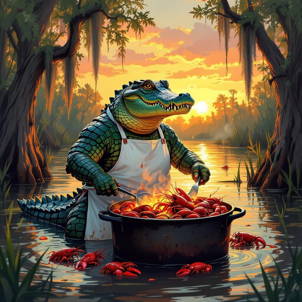 Alligator Chef Cooking Crawfish Boil at Sunset