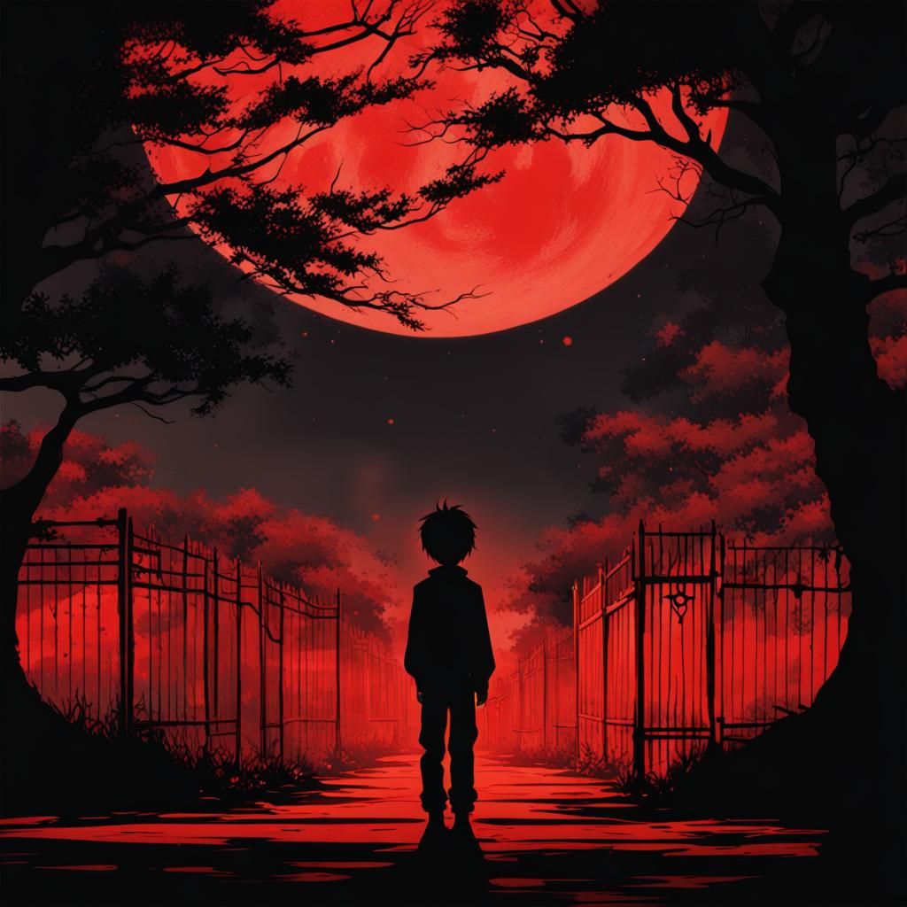 Boy Before Red Moon in Anime Style