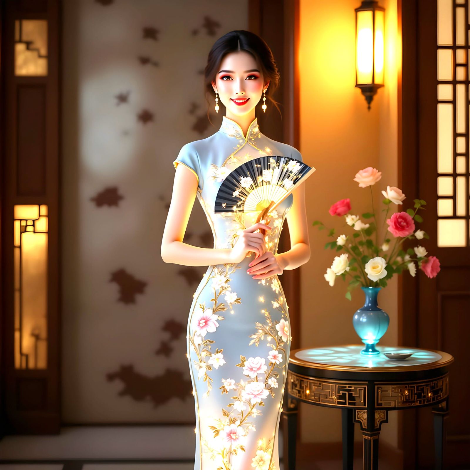 Elegant Woman in Luminous Qipao Dress