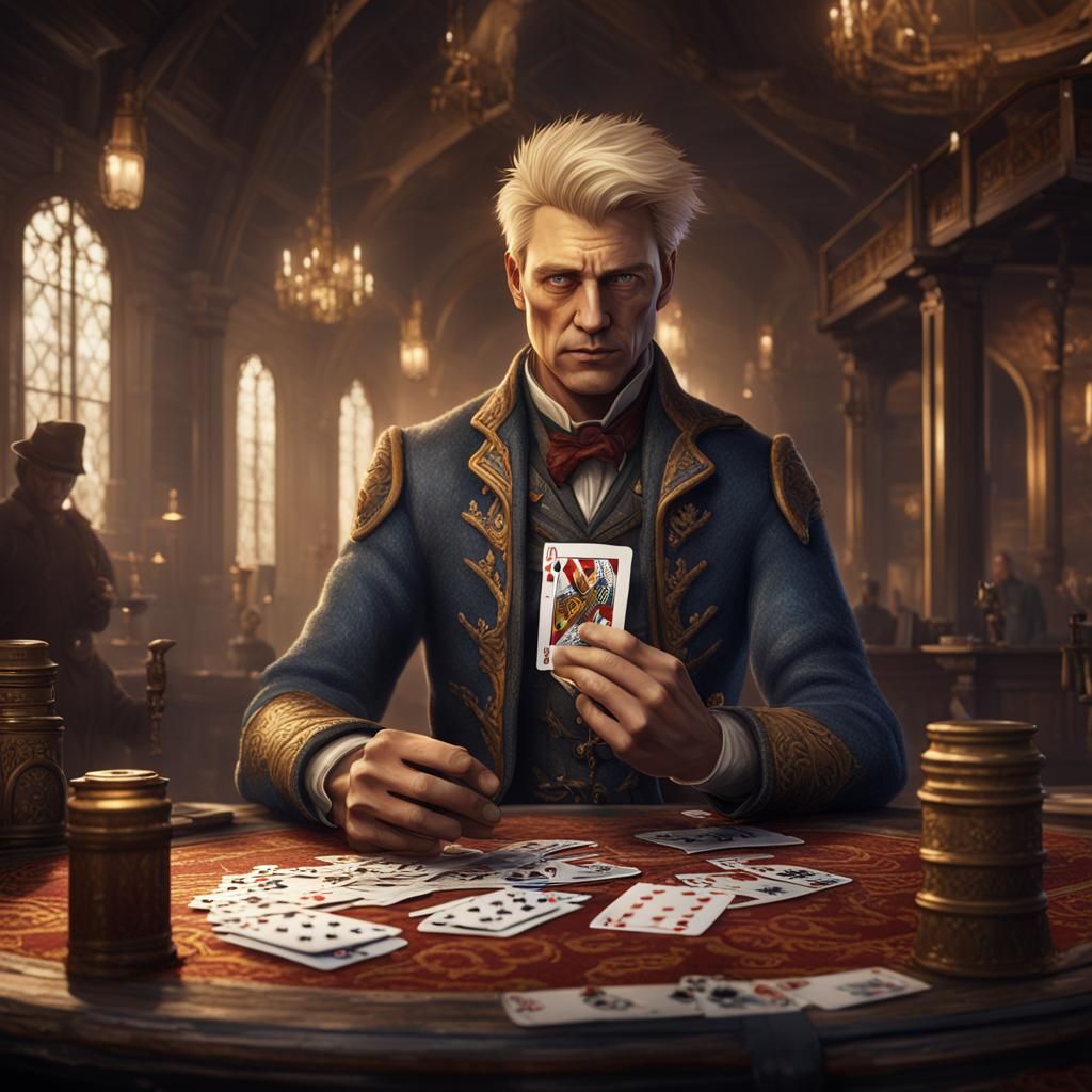 Western gambler a tall, youthful white guy in his 30s with short blonde hair, holding a deck of cards.