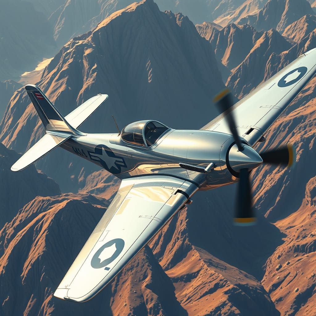 P51 Mustang Soaring Through Mountains in Futuristic Style
