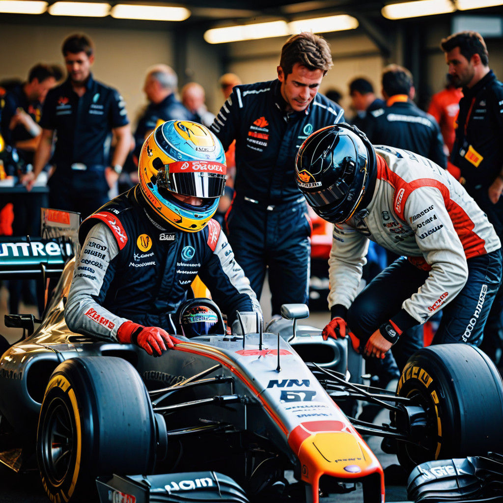 Vintage Formula One Driver examines Car with Rookie in Pit L...