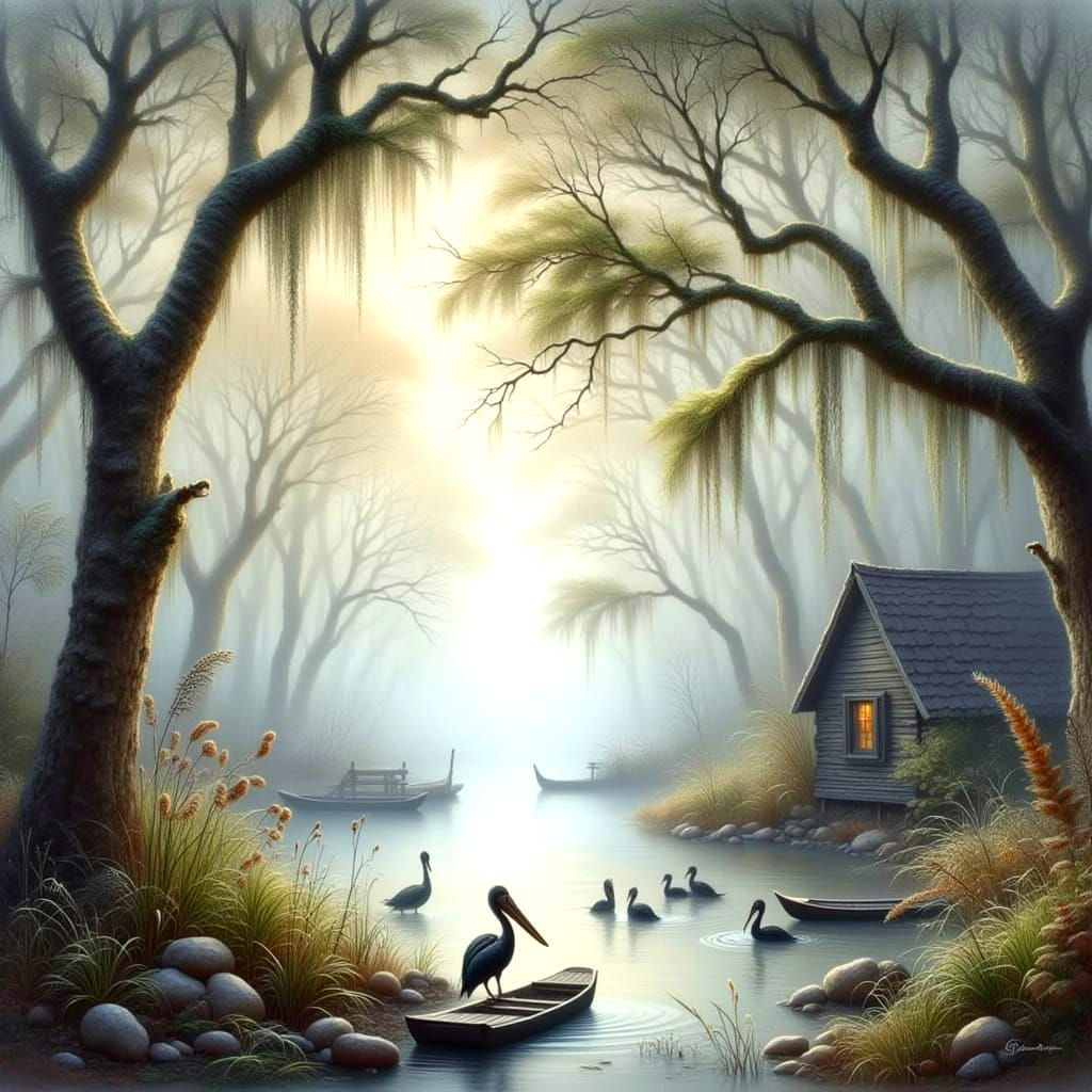 Misty Louisiana Bayou Scene at Dawn