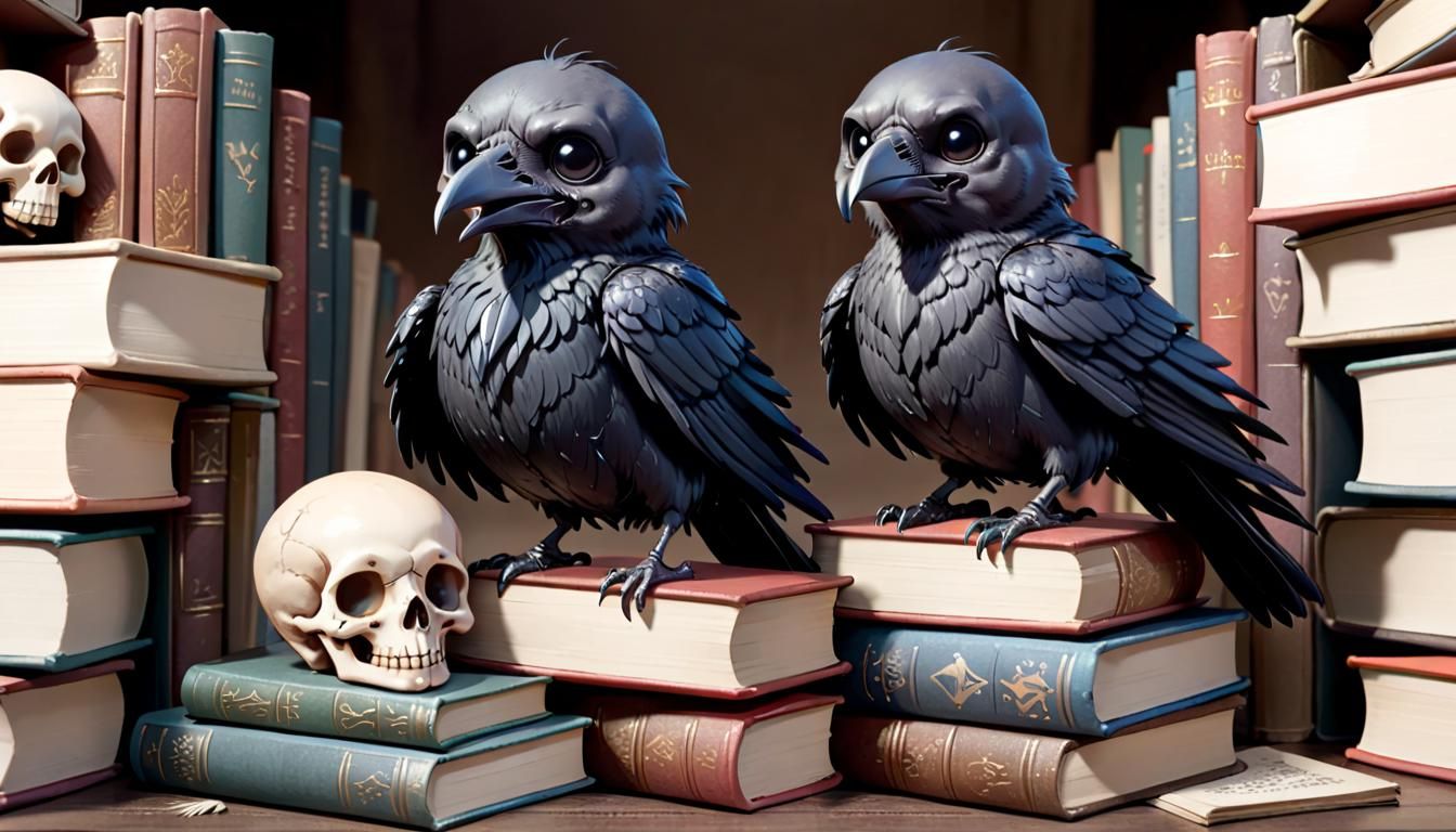Chibi Crow, Raven, and Skull on Books in Potter Style