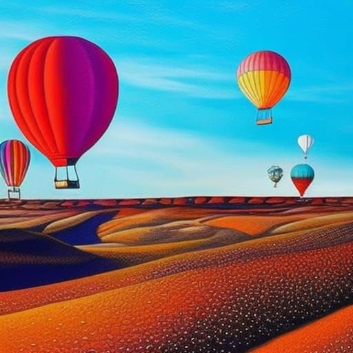 Colorful Surreal Naïve-Art Painting with Hot Air Balloons