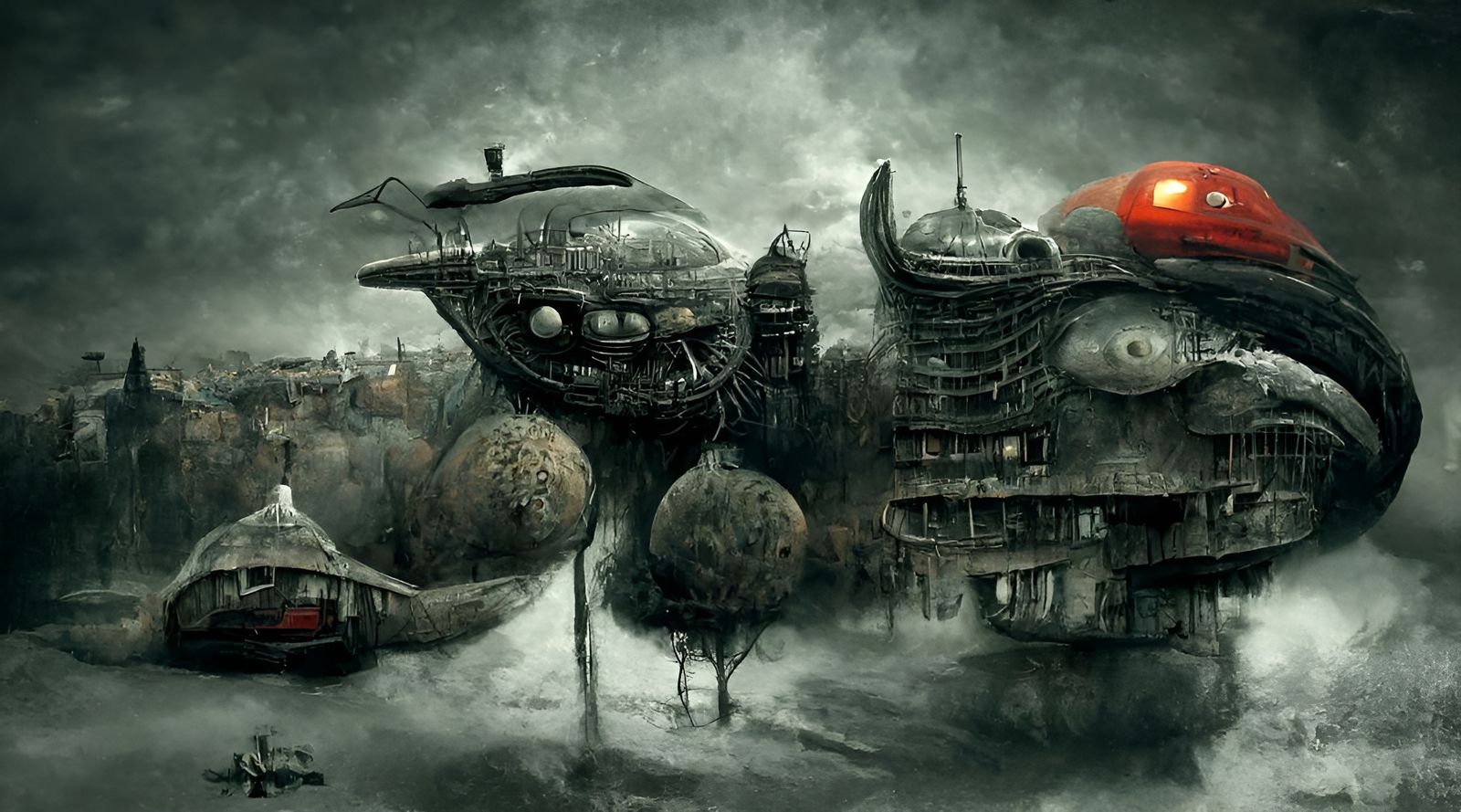Surreal Sci-Fi Composite: Spaceship, Castle, and Landscape
