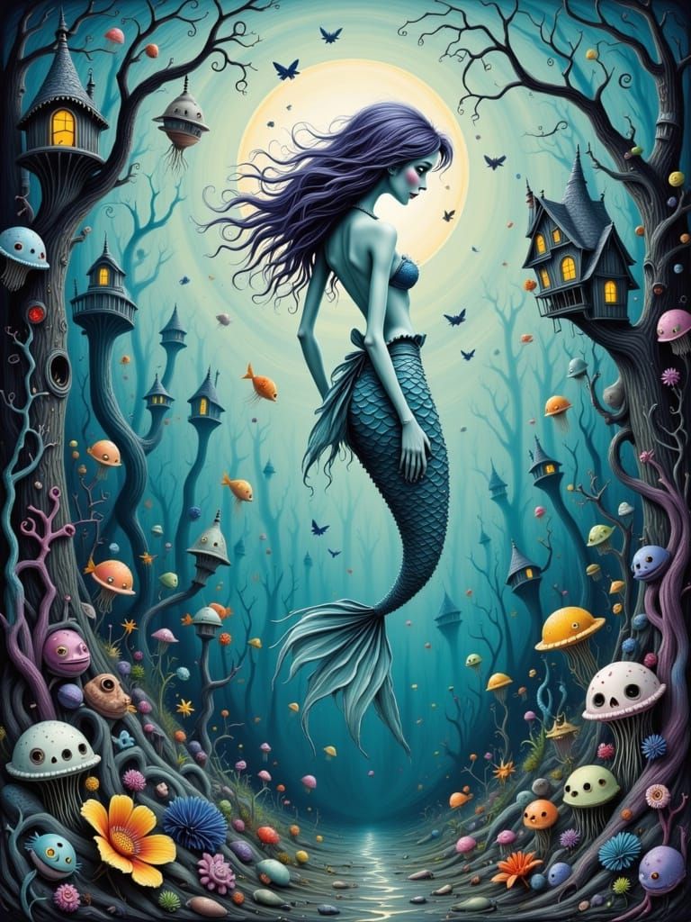 Gothic Mermaid in Dreamlike Seascape: Burtonesque Style