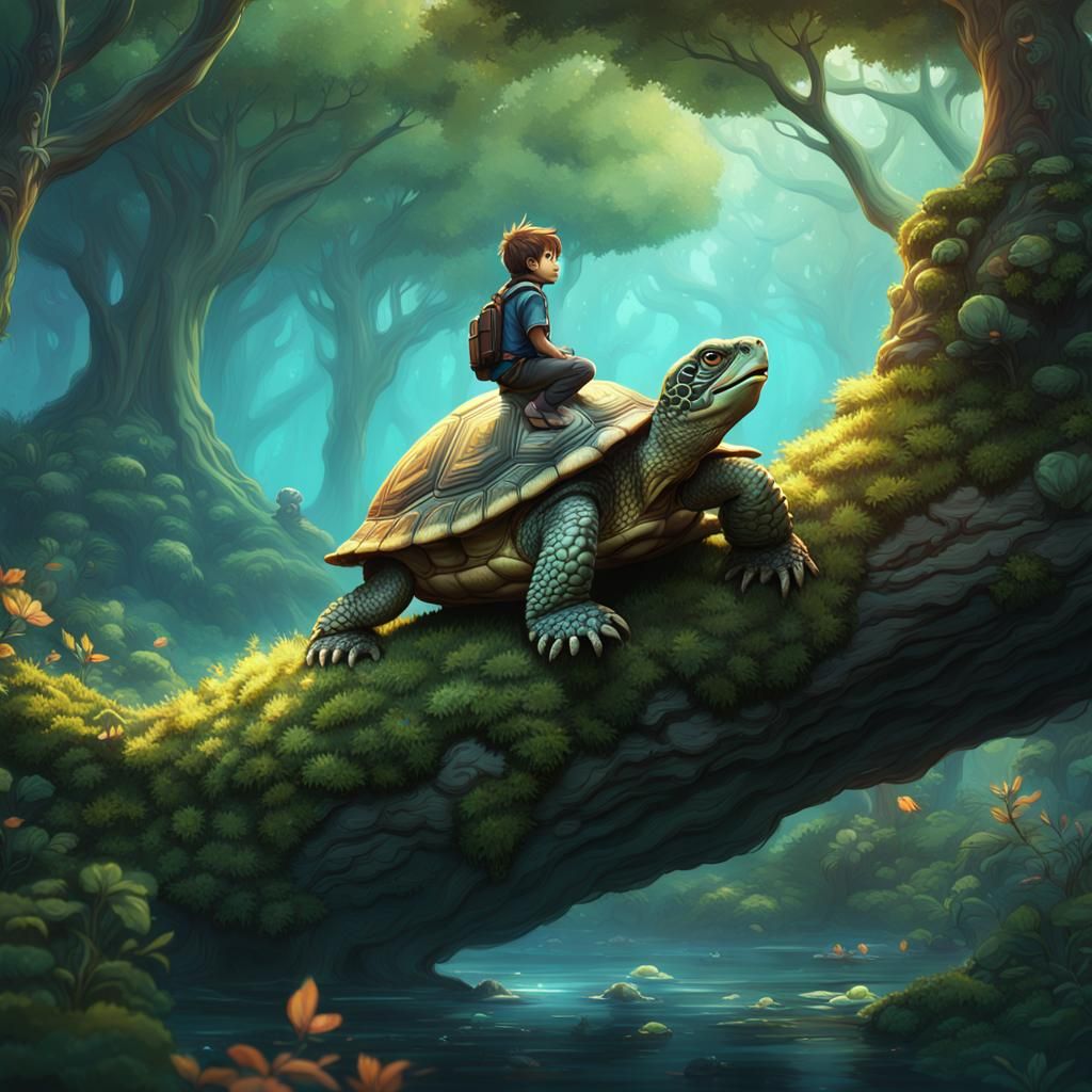 Boy Rides Turtle Through Forest: Fantasy Concept Art