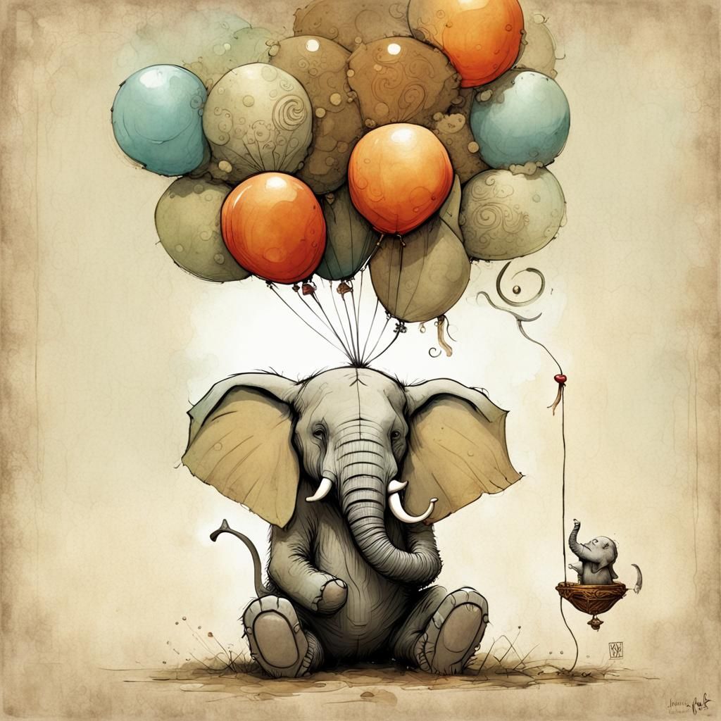 Whimsical Elephant with Balloon: Surreal Illustration