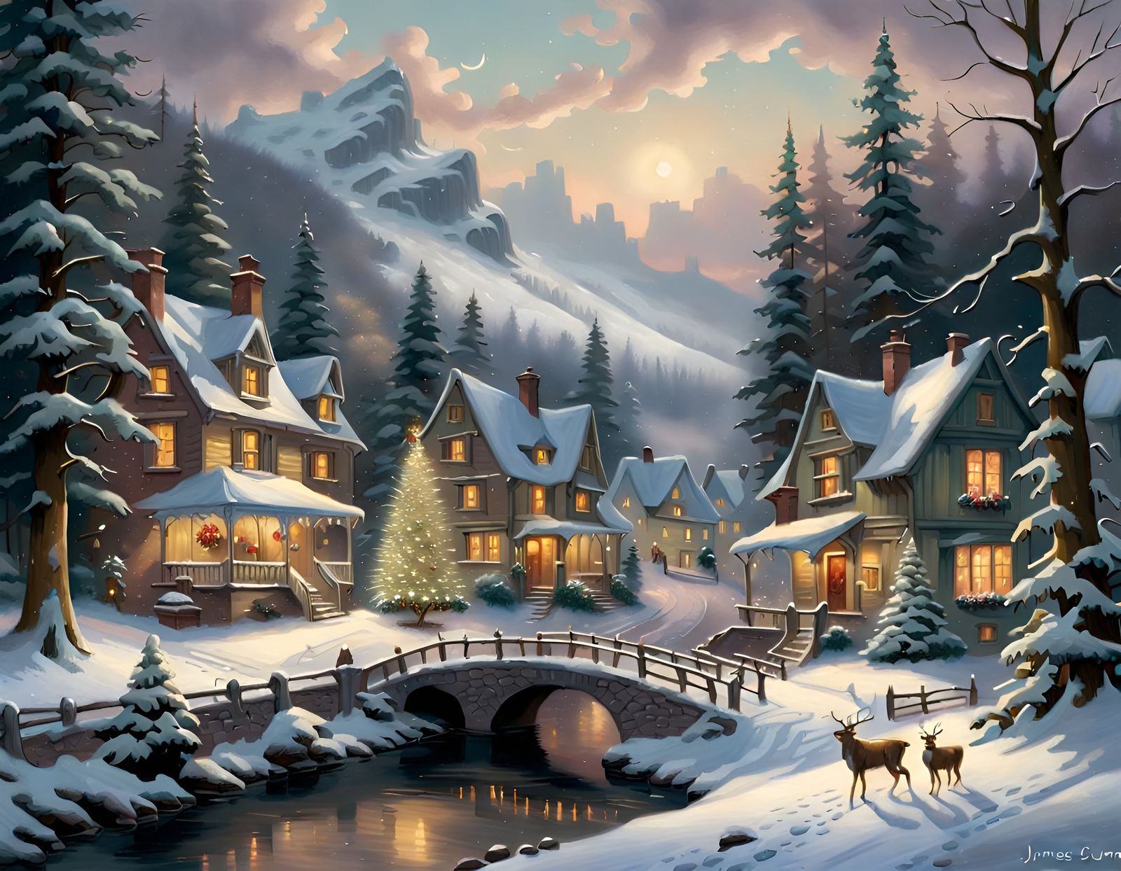 Cozy Winter Village in Snow Forest: Impressionist Card