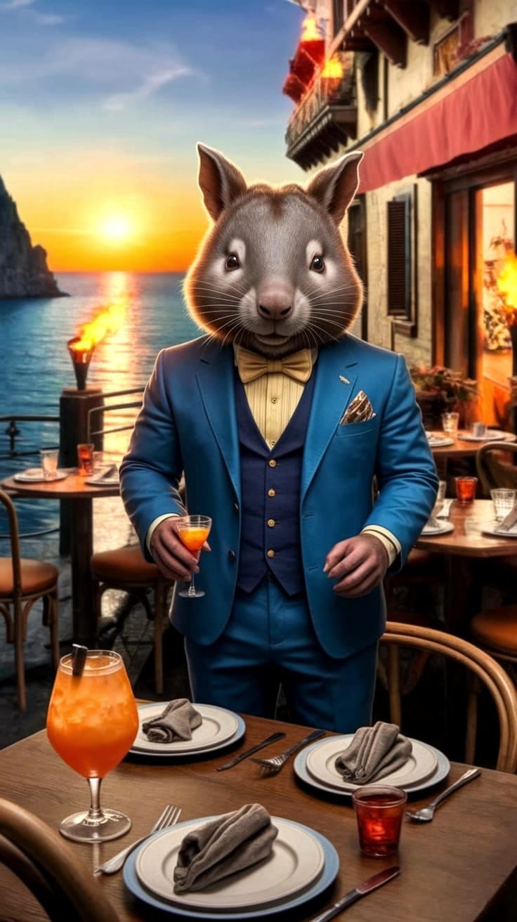 Wombat Enjoys Cocktail in Torchlit Dungeon