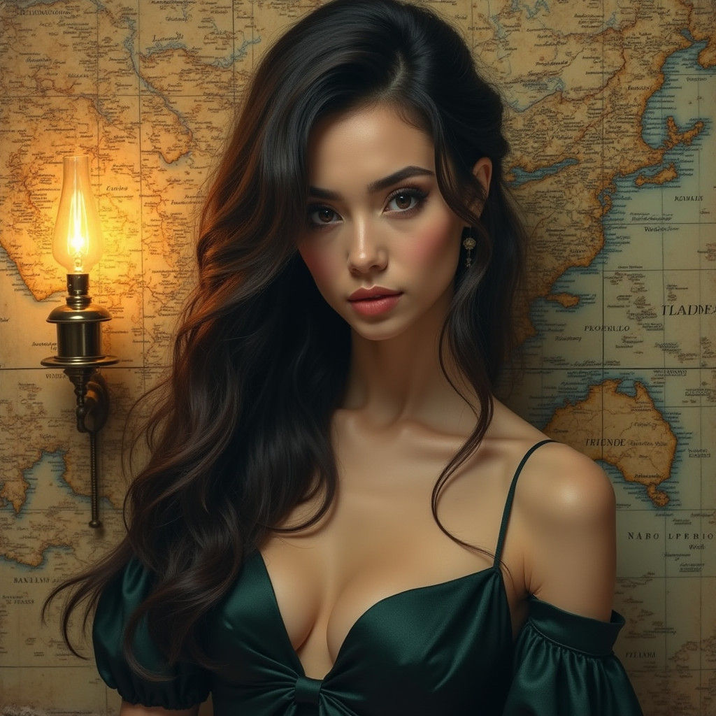 Dark-Haired Woman Gazing at World Globe as Expressive Painti...