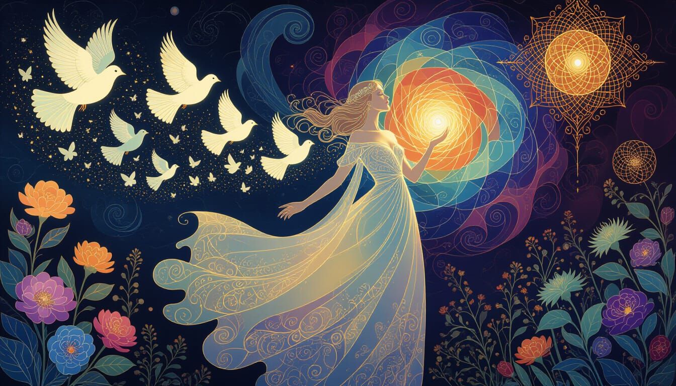 Ethereal Woman with Iridescent Birds Amidst Cosmic Energy