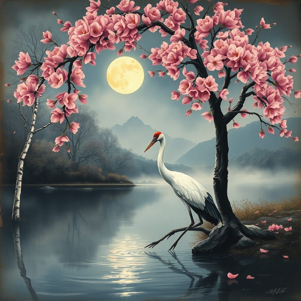 Crane Under Cherry Blossoms: Vintage Watercolor Painting