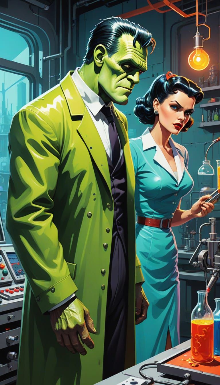 Frankenstein's Monster Flirts in Retro-Futuristic Lab Art