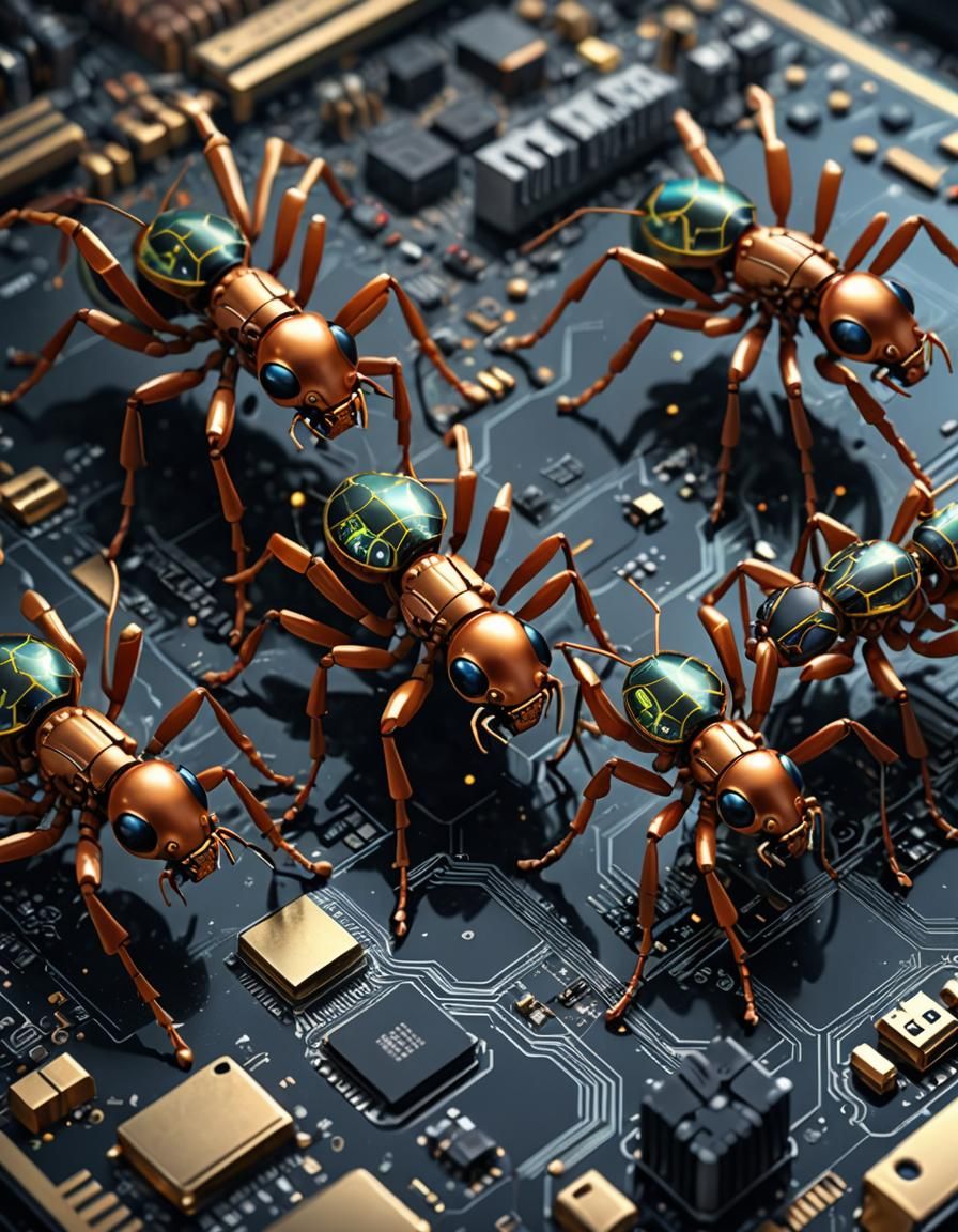 Photorealistic Cyborg Ants Repairing a Motherboard