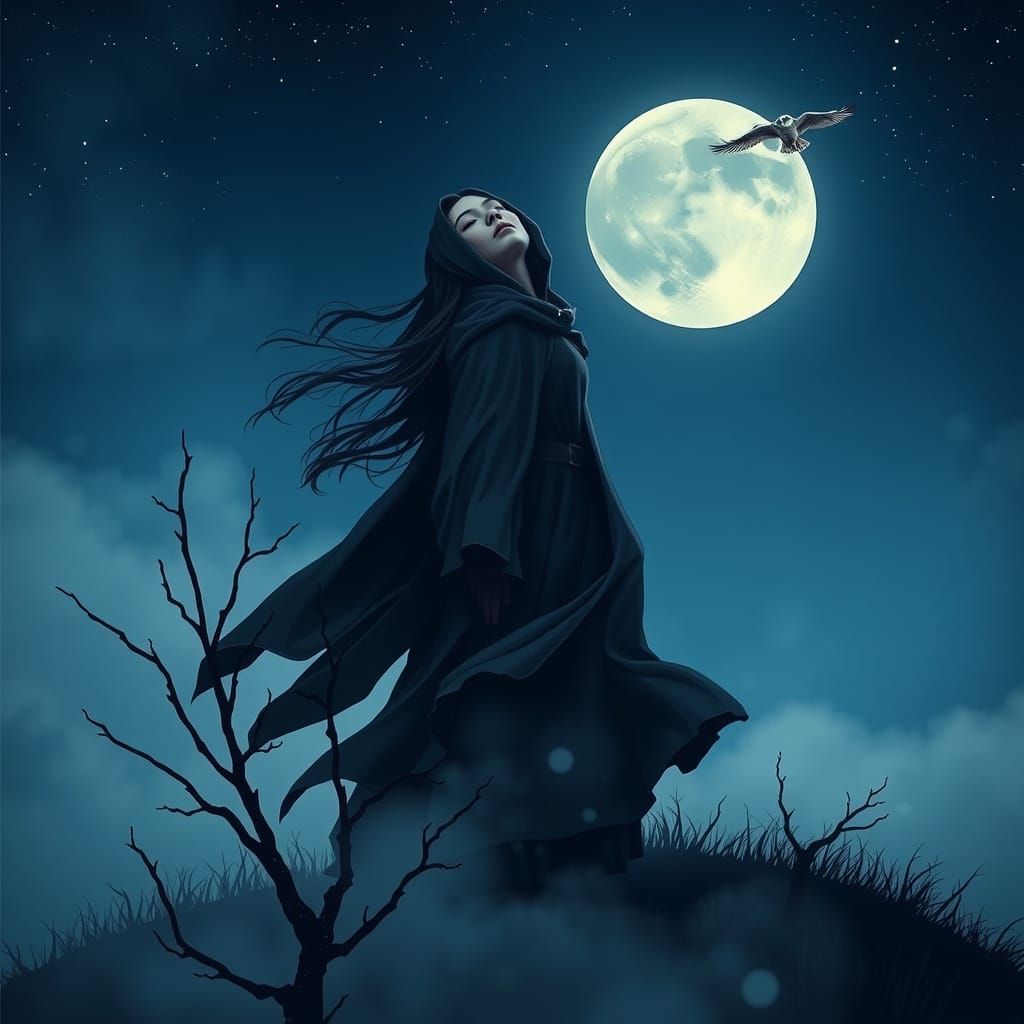 Moonlit Mystique: Silhouetted Woman and Twisted Trees
