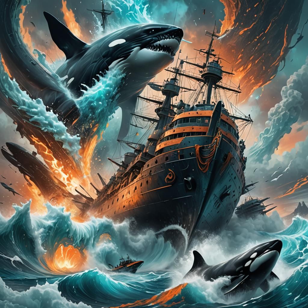 Orca Emerges Beside Warship: Epic Fantasy Art