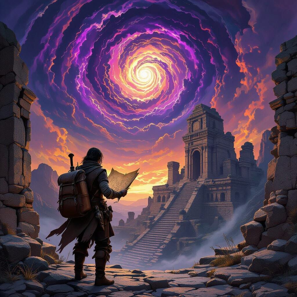 Adventurer at Ancient Ruin Under Magical Sky