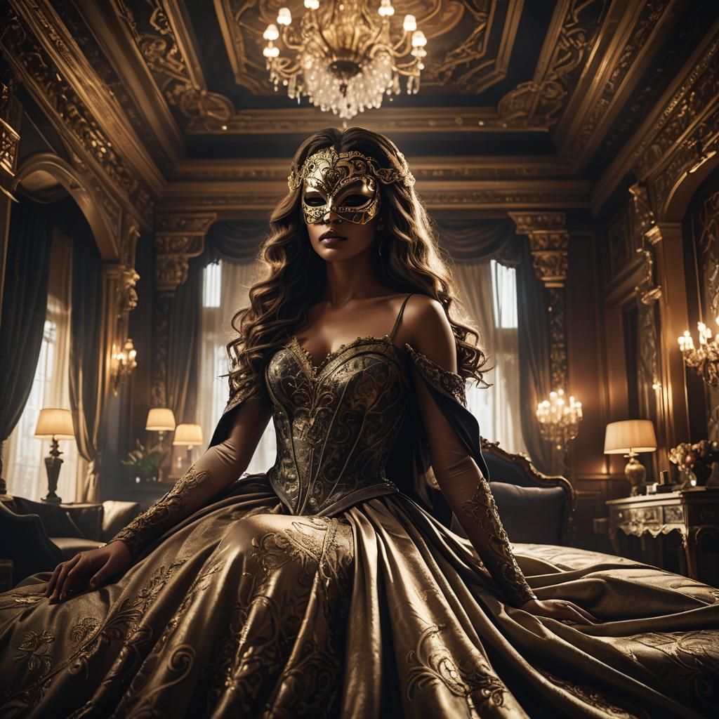Masked Woman in Opulent Room, Cinematic Lighting