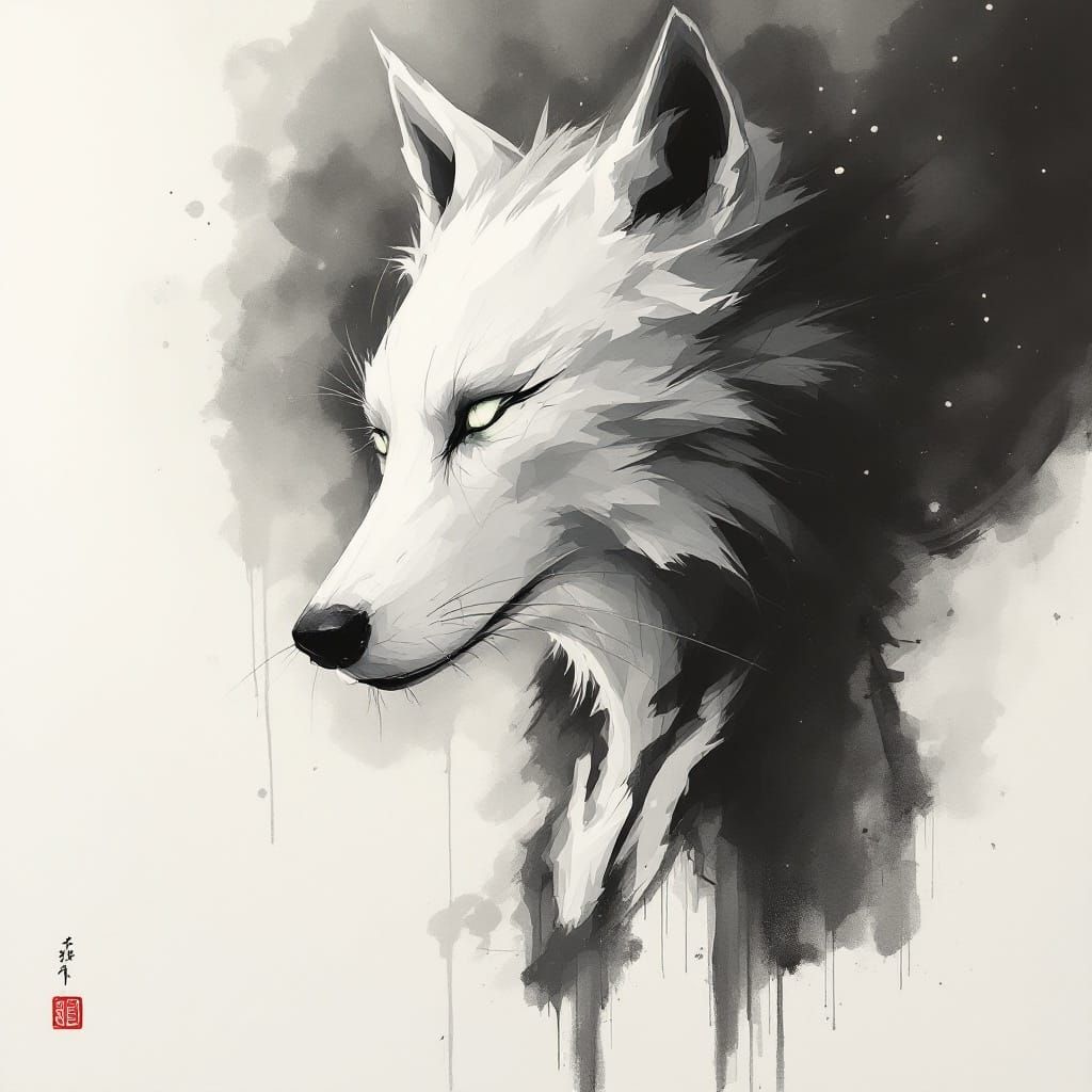 Wolf in Japanese Ink Brush Art with Moonlit Path