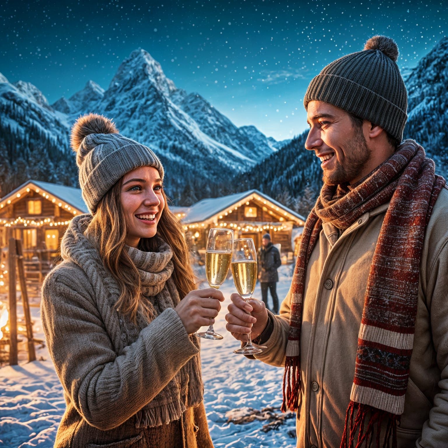 Romantic Winter Wonderland Scene in Cozy Chalet Setting