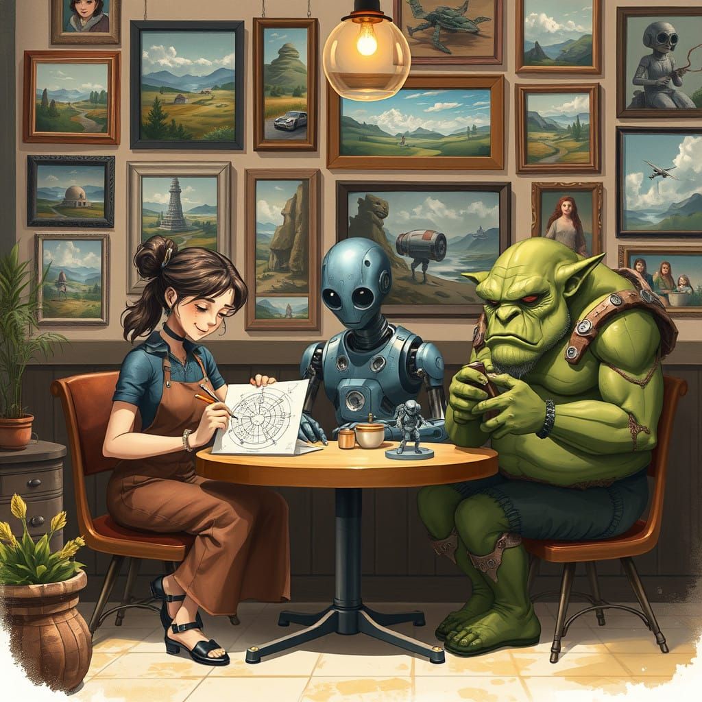Intergalactic Cafe Scene in Whimsical Style