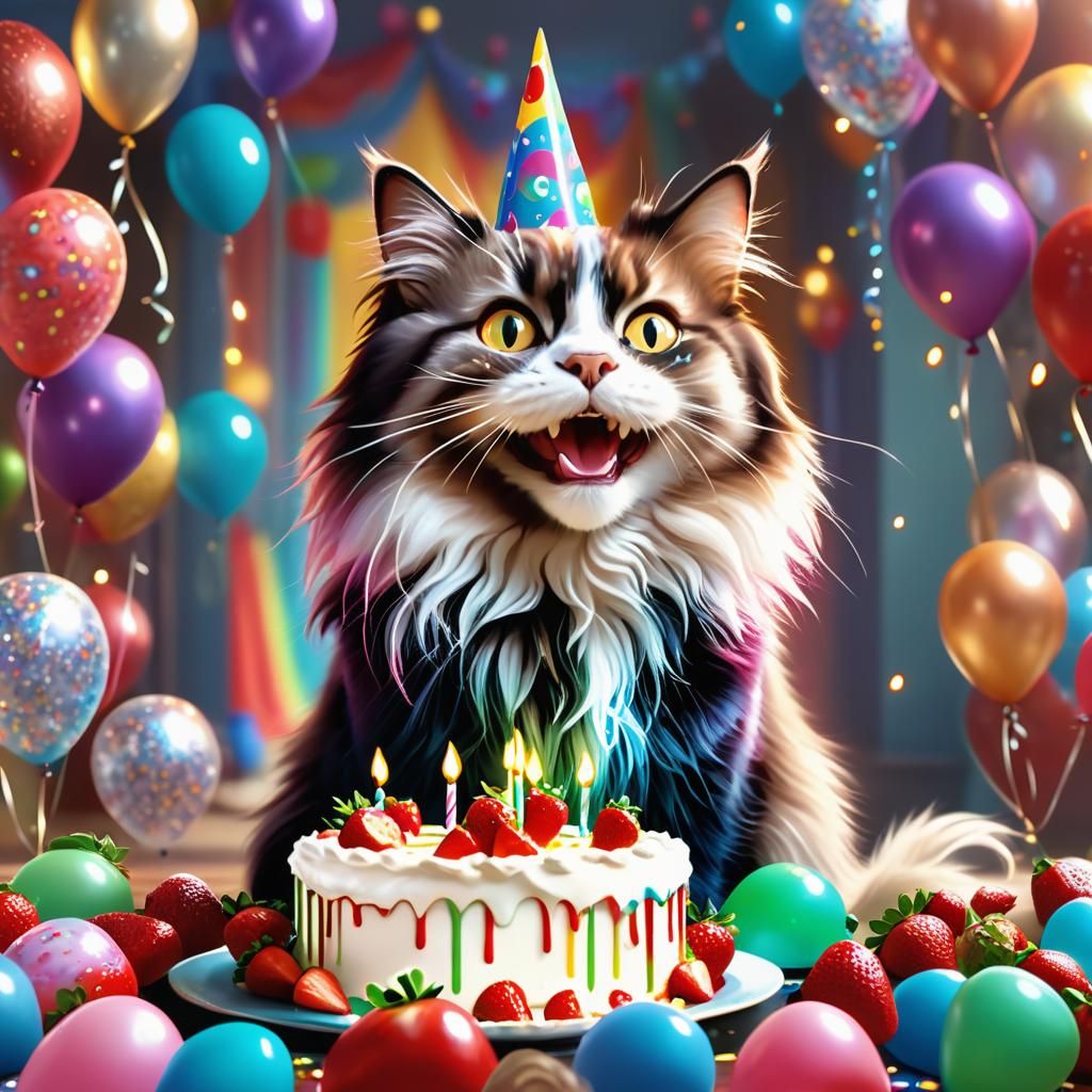 Happy Cat Celebrates Birthday with Cake