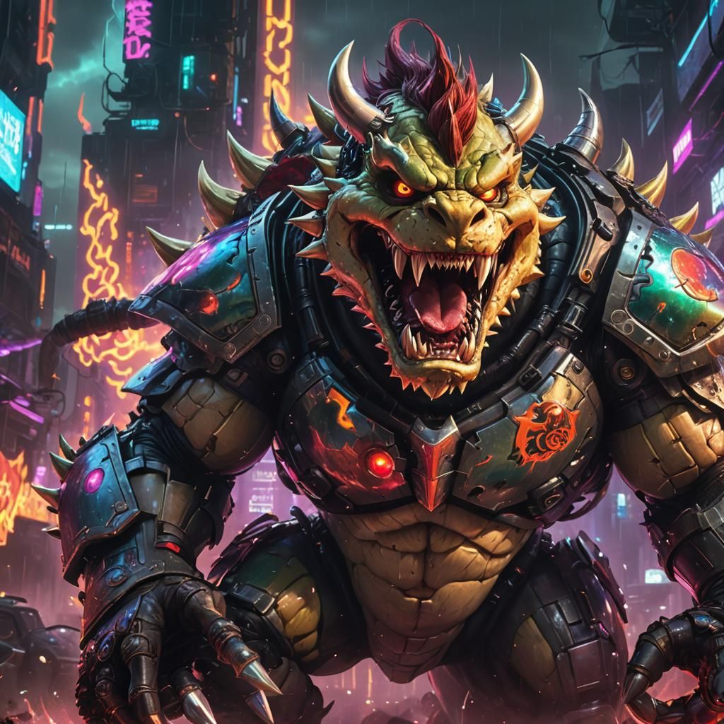 Cyberpunk Bowser Concept Art in Neon Cityscape