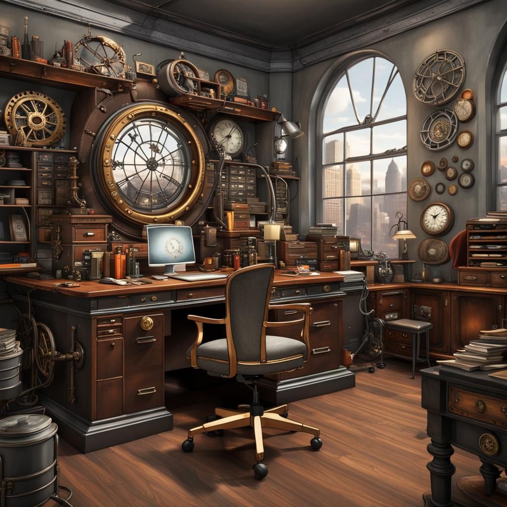 Steampunk Bank Office Interior with City View