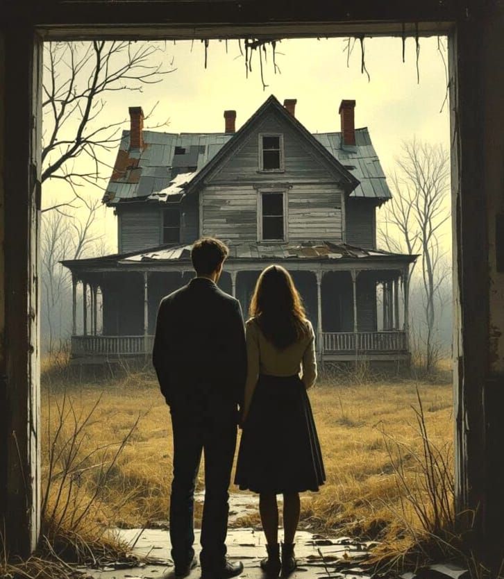 Couple's Gothic Horror Farmhouse in Moody Chiaroscuro
