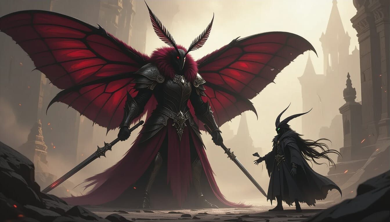 Giant Moth Paladin Battles Sorcerer in Dark Fantasy Style