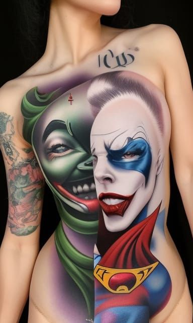 bodyart joker vs Superwoman tattoo