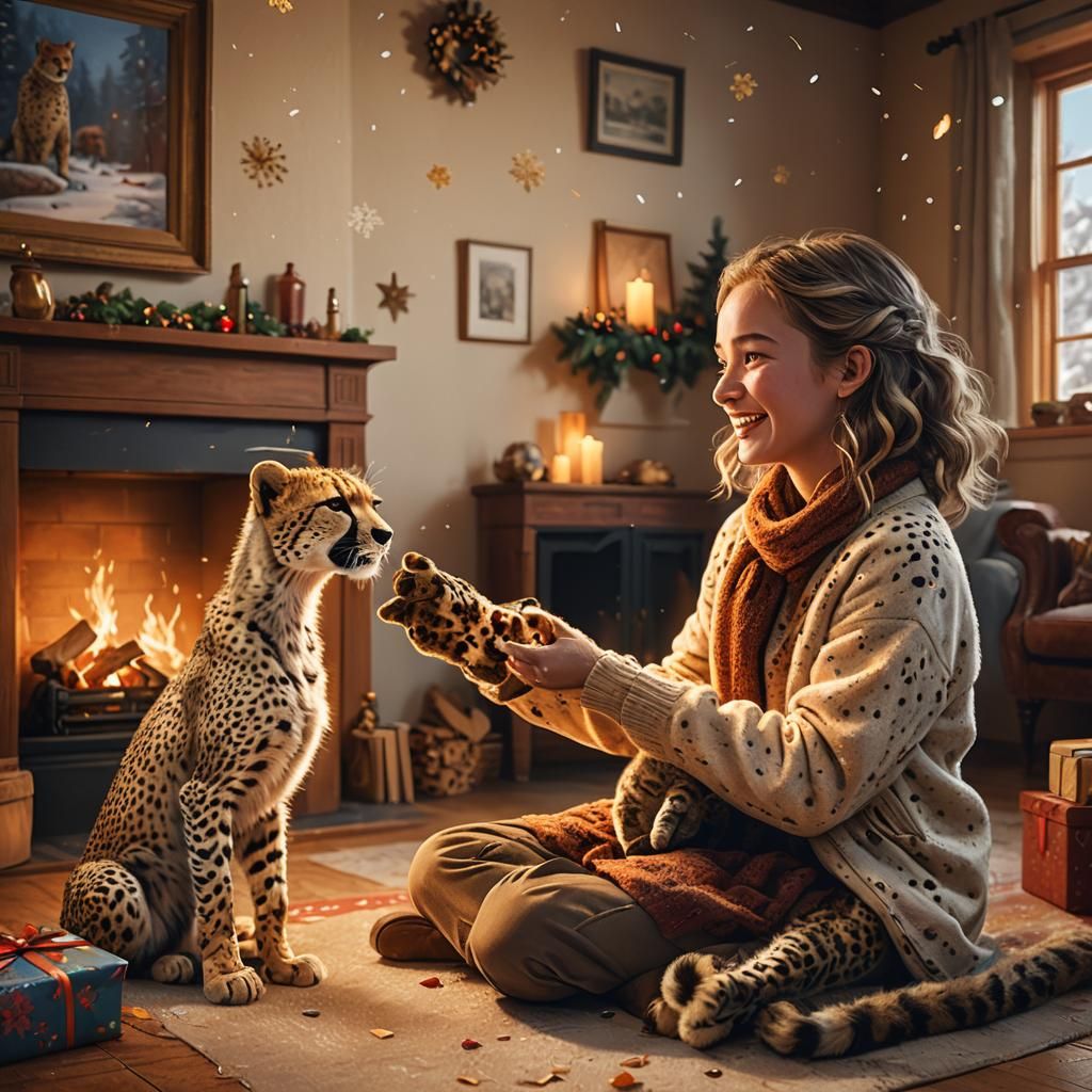 Happy Girl Plays with Cheeky Cheetah Cub by the Fireplace
