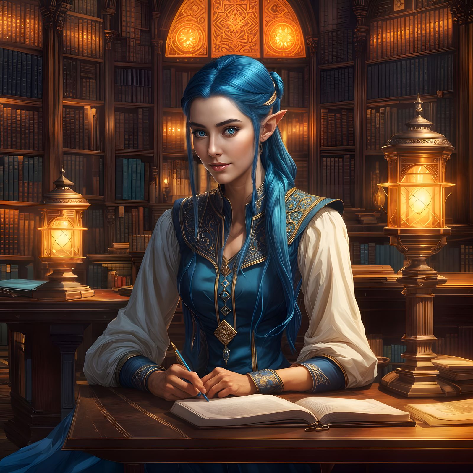 Elven Librarian Studying in a Vast Library