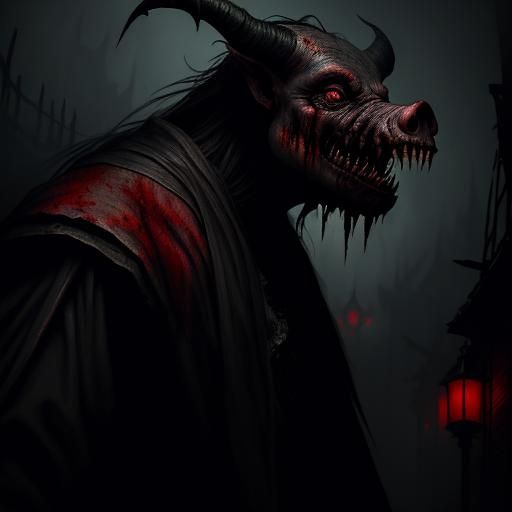 Grimy Demon Pig in Dark Fantasy Horror Scene