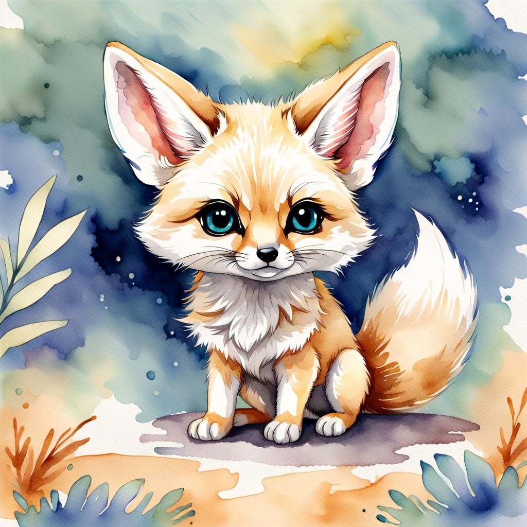 Watercolor Chibi Fennec Fox with Vignette