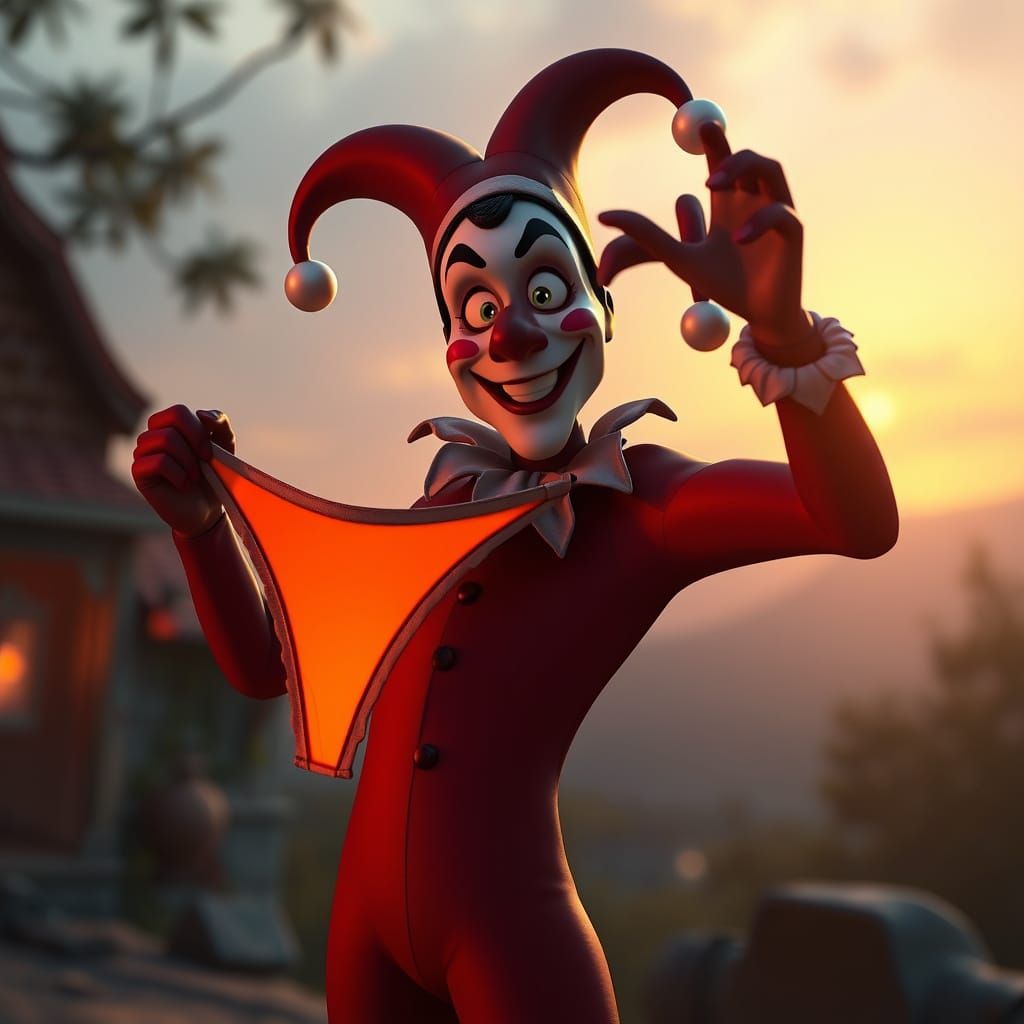 Harlequin Jester's Sunset Thong Display: Pixar-Style CGI