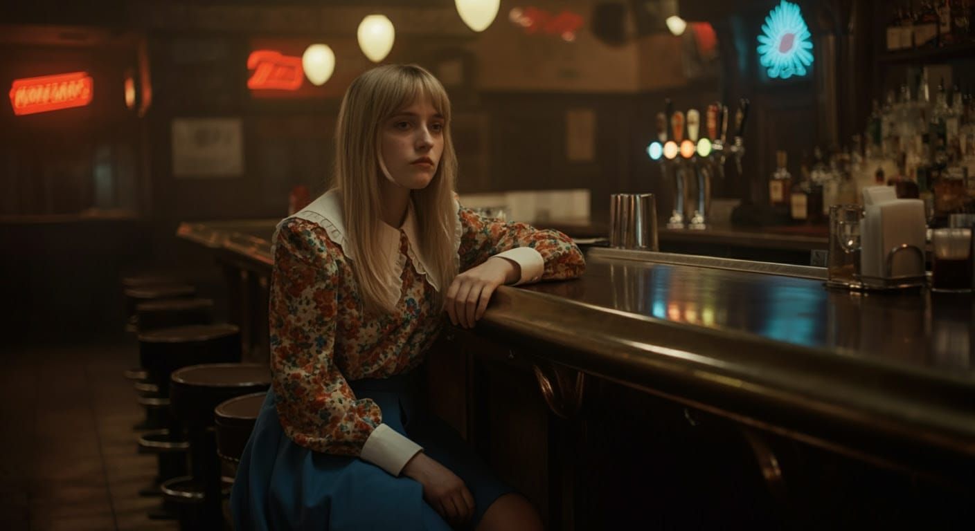 A Woman's Contemplative Moment at a Vintage Bar in Cinematic...