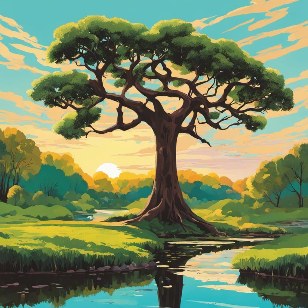 Serene Old Tree by River, Bright Art Style