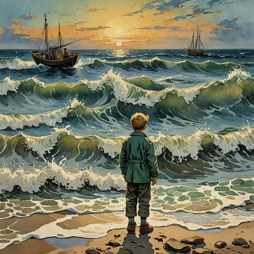 Child Watching Stormy Seas in Gouache Watercolor