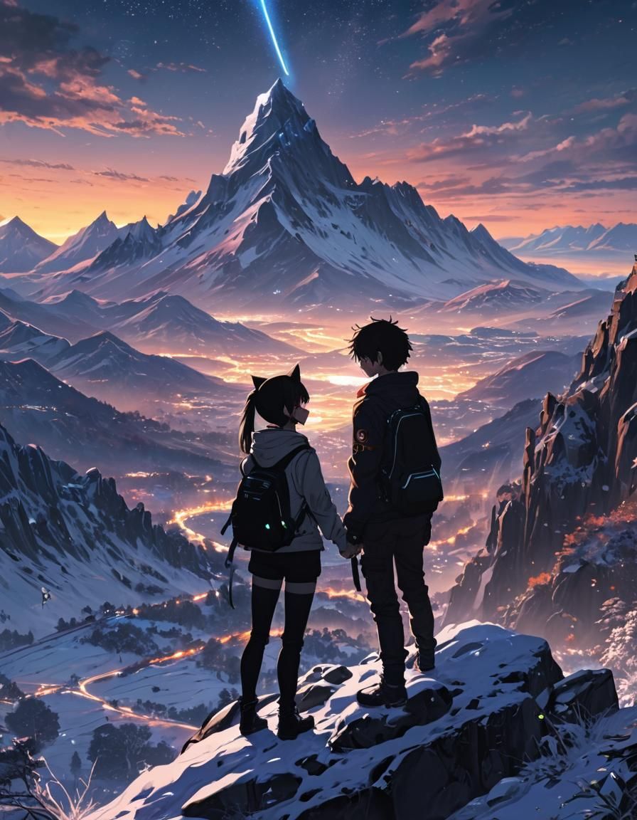 Anime Cat Girl and Boy in Astral Embrace