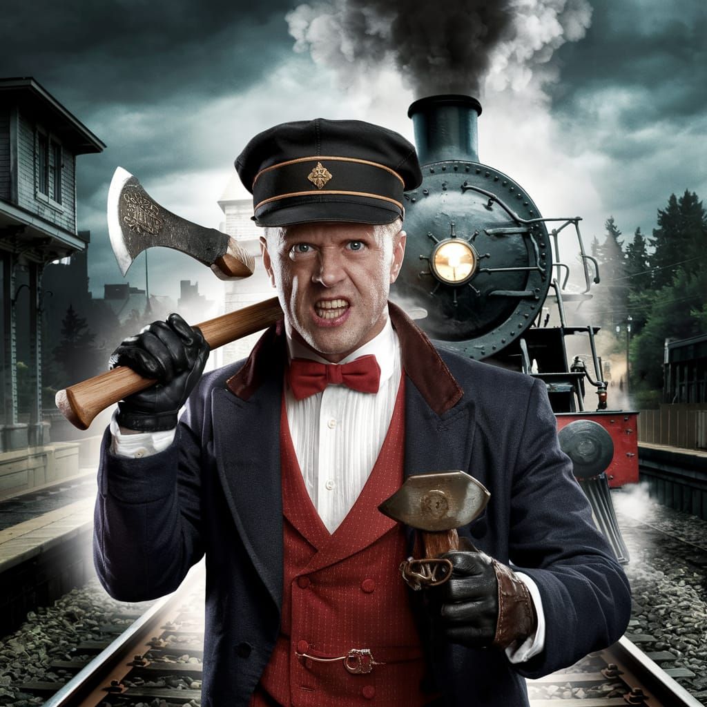 Sinister Train Conductor with Axe: Dark Cinematic Art
