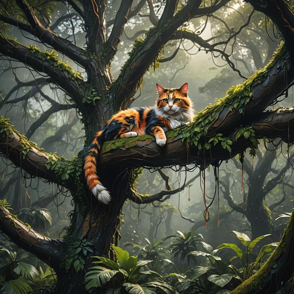 Calico Cat in Rainforest: Detailed Matte Painting
